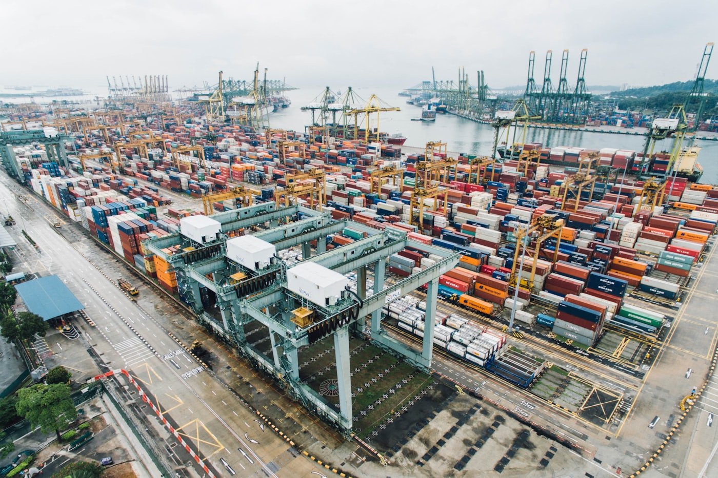 Aerial view of a busy container port